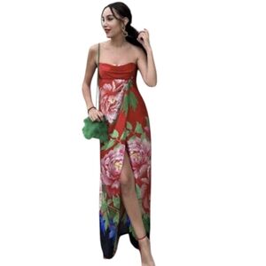 Zara Red Strapless Floral Dress Size Small